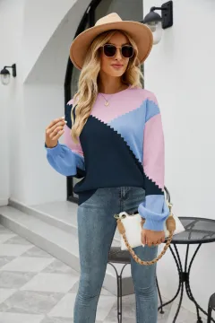 Women's New Round Neck Multicolour Knitwear Fashion Pullover Stripe Sweater For Women - Blue - View 1