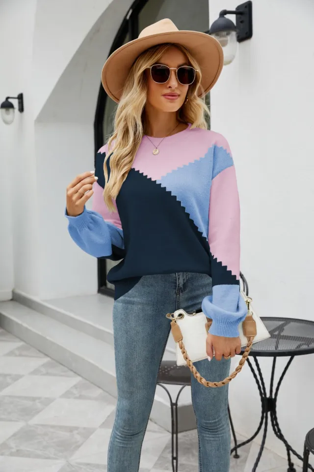 Women's New Round Neck Multicolor Knitwear Fashion Pullover Stripe Sweater For Women Blue - Shop at LoveMi