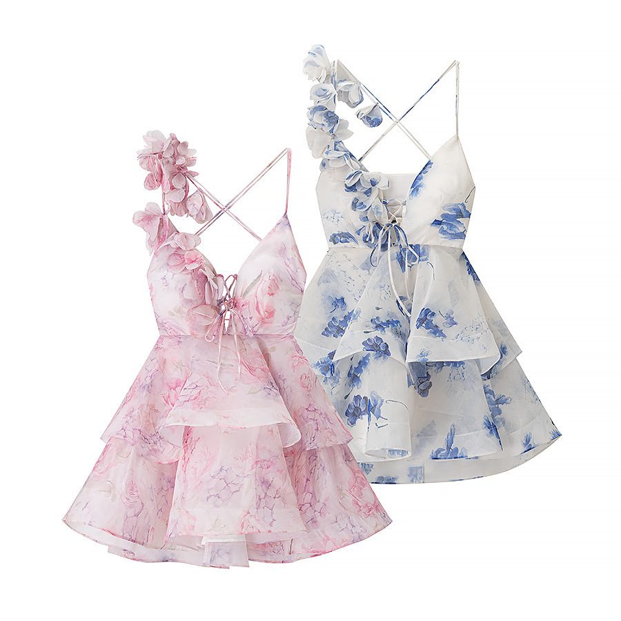 New Summer Three-dimensional Flower Waist Trimming Short Sling Dress