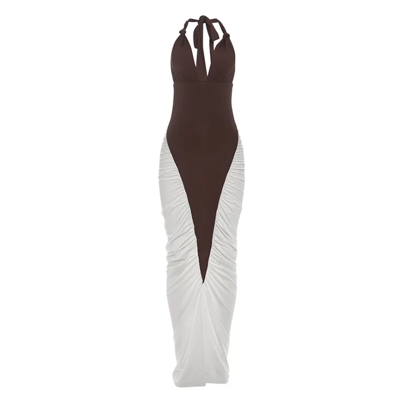 Autumn And Winter New Color Contrast Patchwork Halter Lace-up Dress - Brown