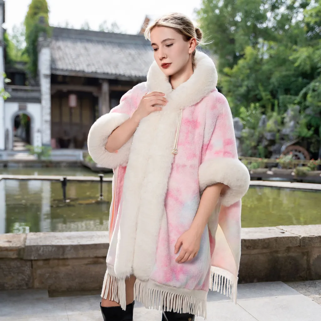 Tie-dyed Tassel Cape And Shawl Fashion National Style Warm All-matching Coat - Pink