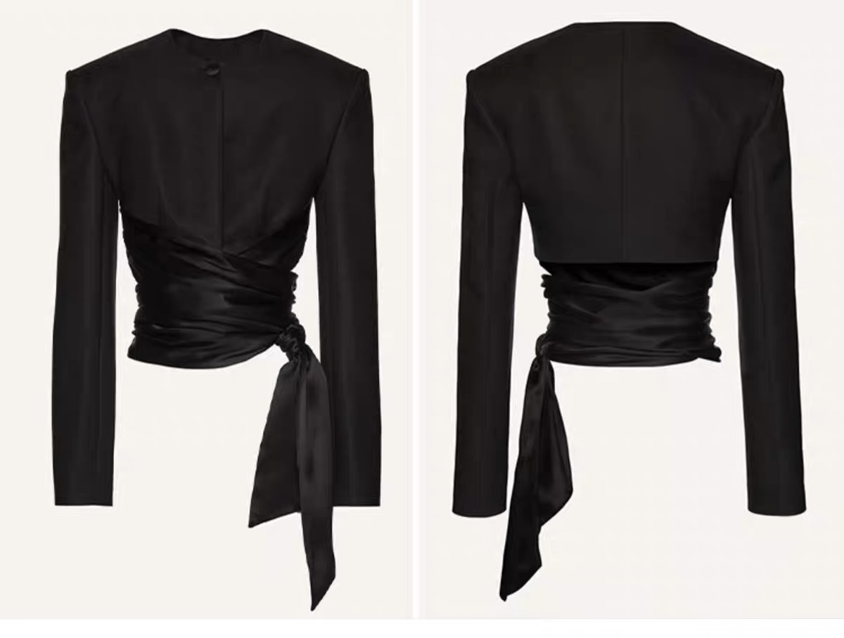 Padded Shoulder Long-sleeved Top Three-dimensional Flower Split Skirt