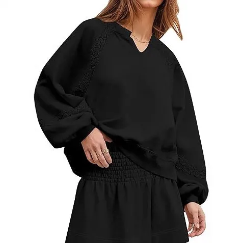 Women's Casual Lace Lantern Long Sleeve Solid Color Loose Top Black - Shop at LoveMi