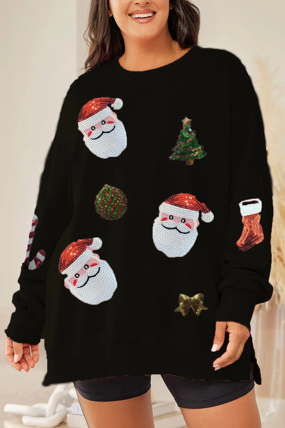 Women's Christmas Sequined Top Loose Casual Long Sleeves Sweater - Black