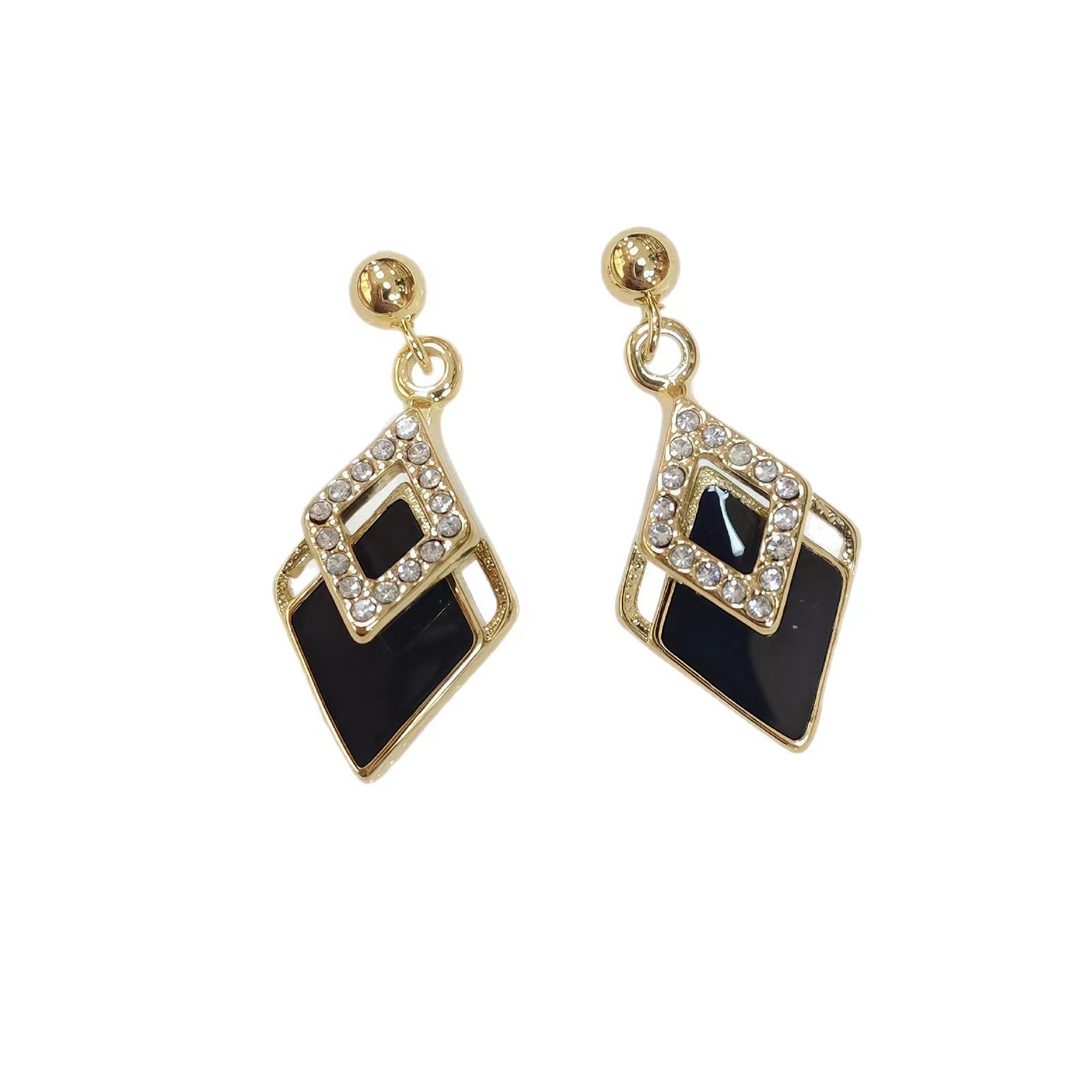 High-grade Temperament Black Full Diamond Rhombus Earrings Stainless Steel Eardrop