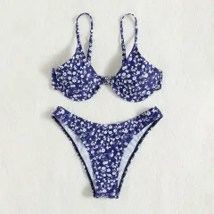 Floral Gather Backless Split Swimsuit High Waist Triangle Bikini - Floral - View 1