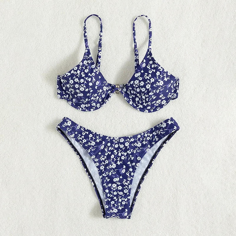 Floral Gather Backless Split Swimsuit High Waist Triangle Bikini - Floral