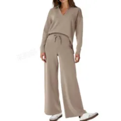 Women's Tracksuit Sports Suit V-neck Long-sleeved Pullover Top And Drawstring Straight-leg Trousers Casual Solid Trousers Set - Khaki - View 1