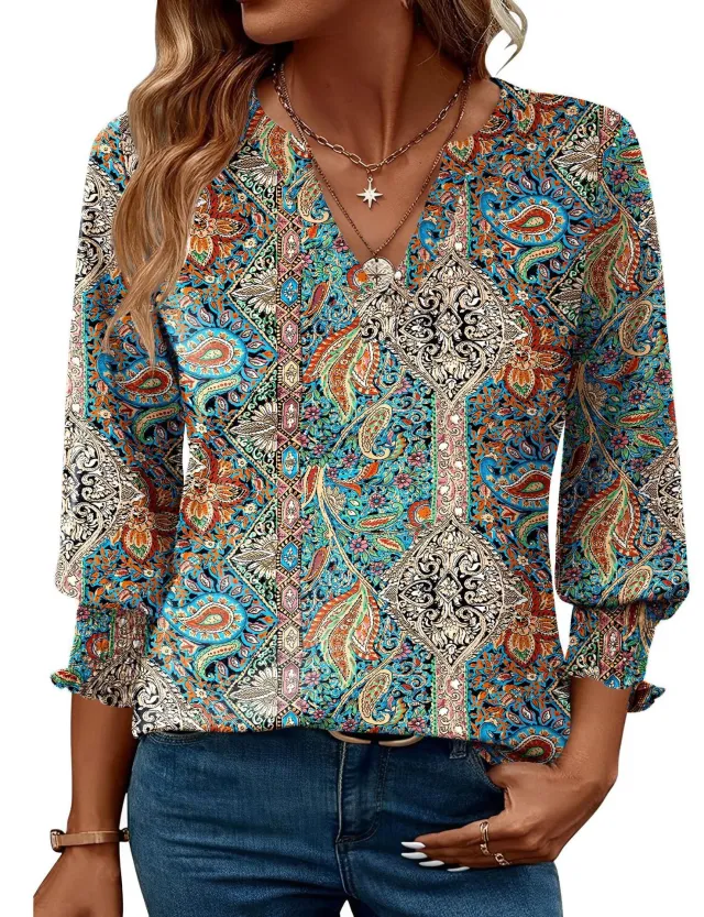 Fashion Tops Three quarter Sleeve Flower Print Casual Shirt Bohemian Green - Shop at LoveMi
