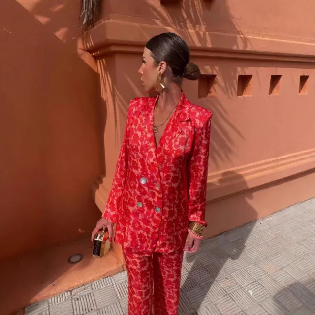 Wide leg Pants Two piece European And American Fashion Blazer Bright Red - Shop at LoveMi