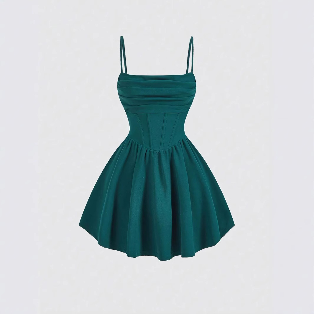 Sexy Dress Solid Color Pleated Back Zipper Sling Dress - Image 3