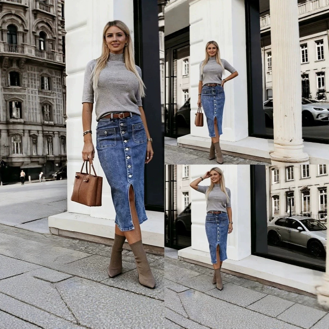 Women's Cross-border Retro Workwear Denim Midi Skirt With Front Buttons And Slit
