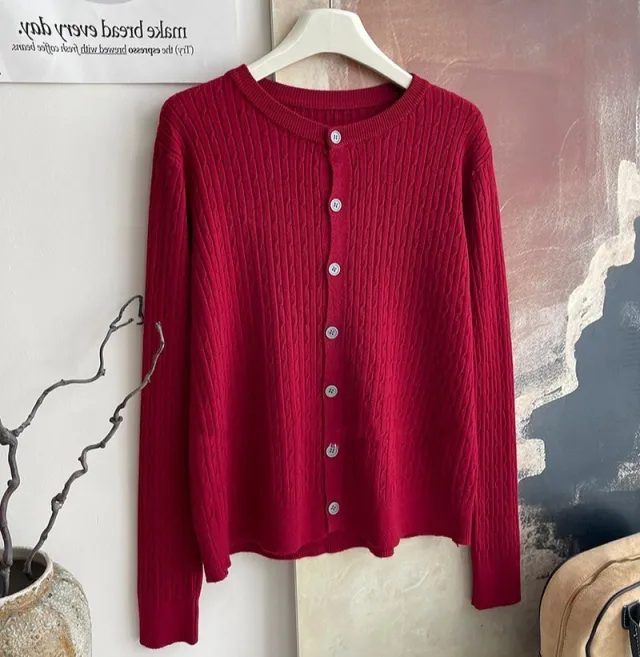 Core spun Yarn Embroidery Twist Soft Glutinous Knitted Cardigan Top Wine Red - Shop at LoveMi