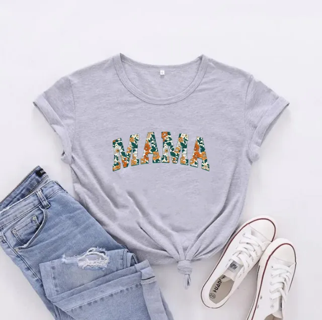 MAMA Mother's Day Letter Printed Casual T shirt Gray T Color - Shop at LoveMi