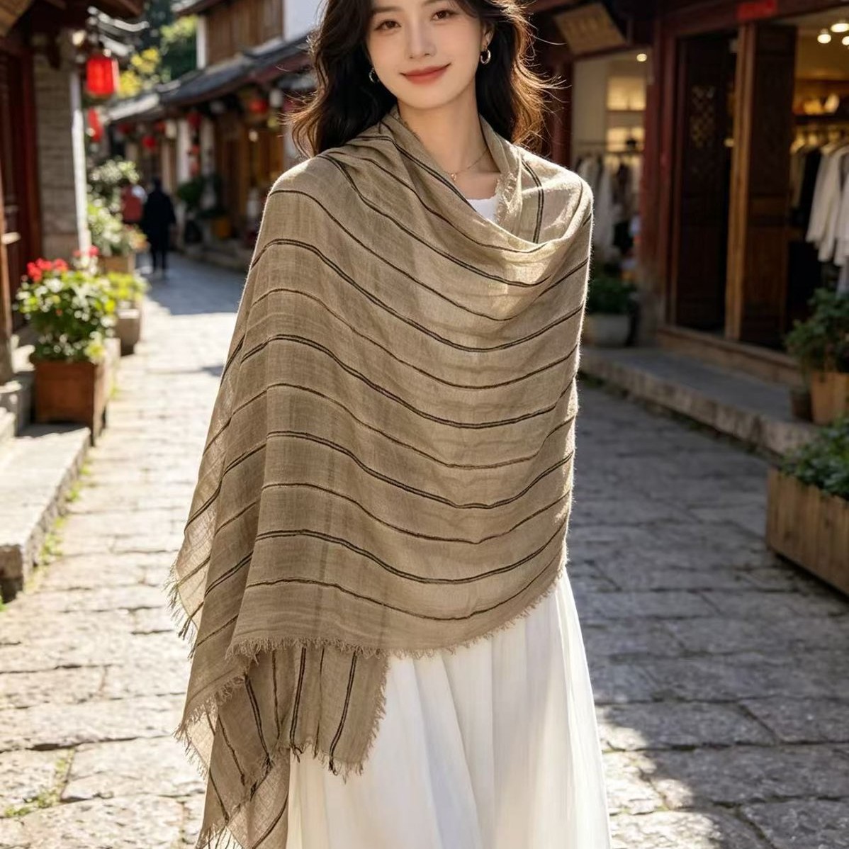 Cotton-linen Striped Shawl
