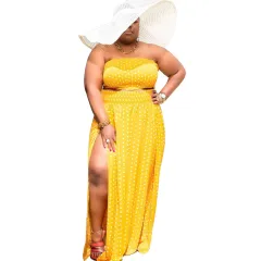 Fashionable Plus-Size Polka-Dot Printed Backless Casual Two-Piece Set - Yellow - View 1