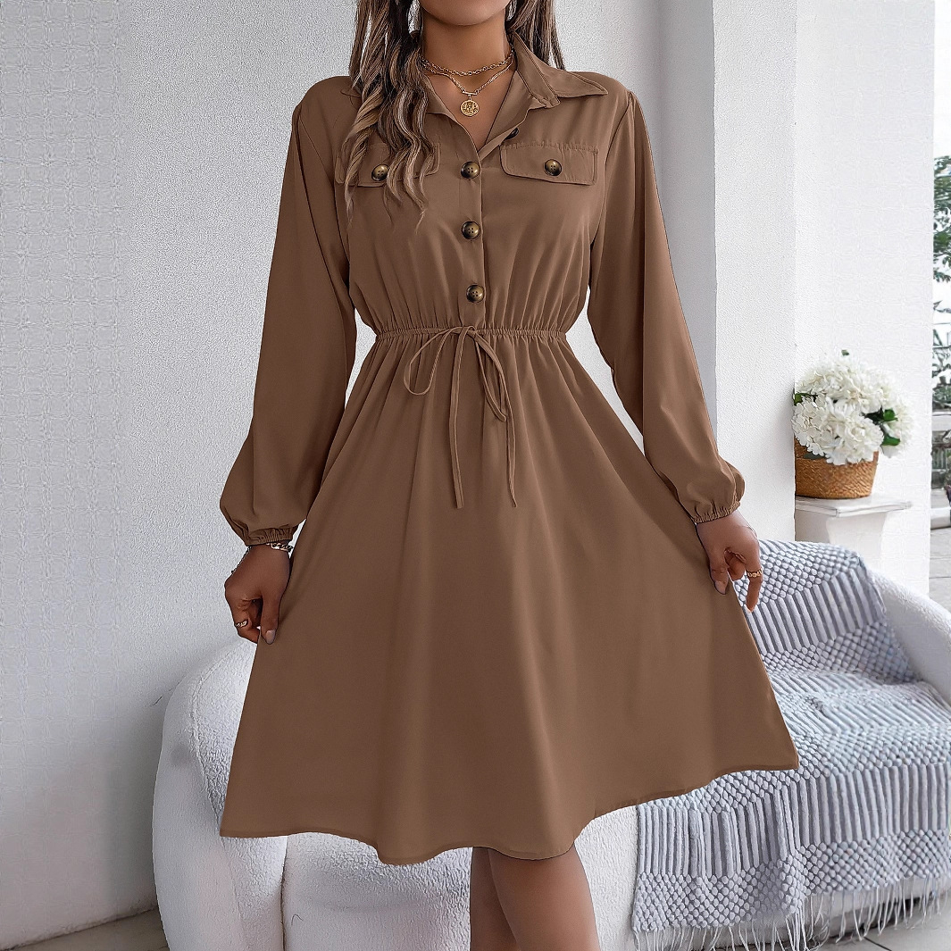 Womens Casual Buttoned Lace-Up Waist-Cinching Long-Sleeve Dress
