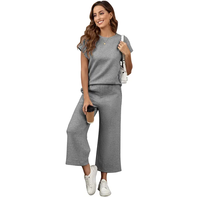 Solid Color Texture Fashion Women's European And American Leisure Two piece Set Lc626377 Gray - Shop at LoveMi