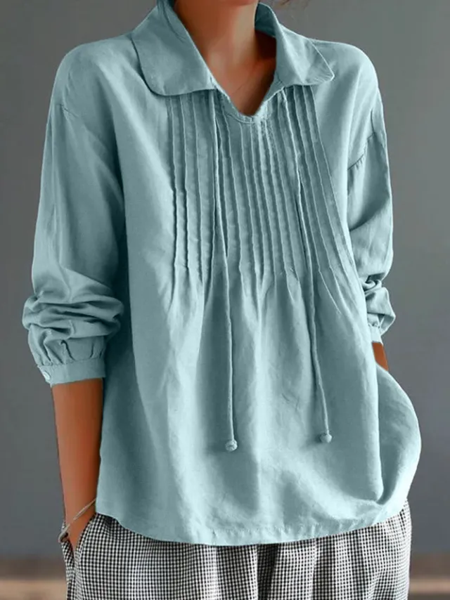 Loose Cotton And Linen Long Sleeve Women's Pleated Lapel Shirt Blue - Shop at LoveMi