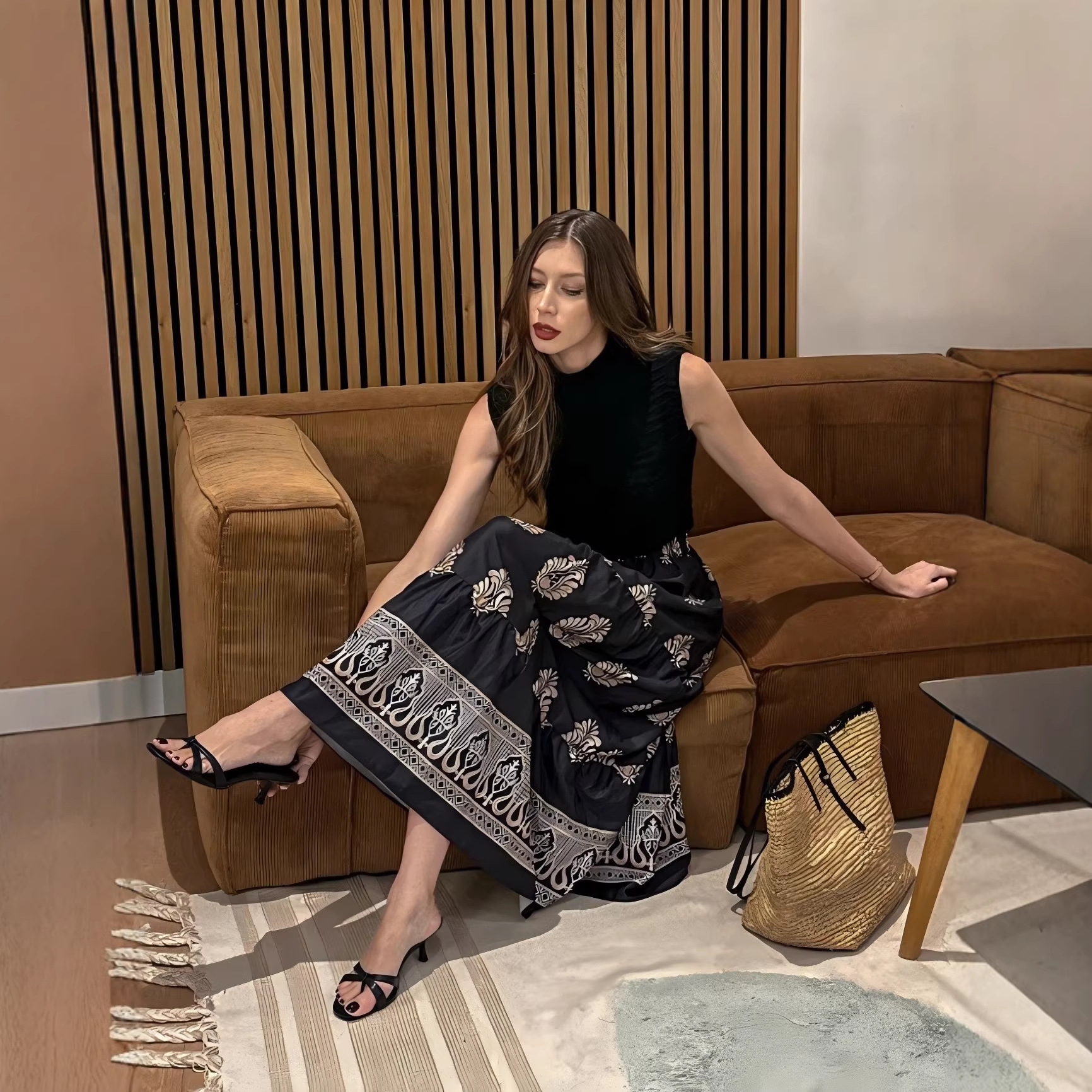 Spring Summer High-waisted Long Printed Dress