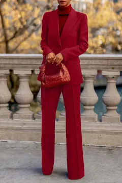 Solid Colour Suit Coat Straight-leg Pants Two-piece Set - Wine Red - View 1