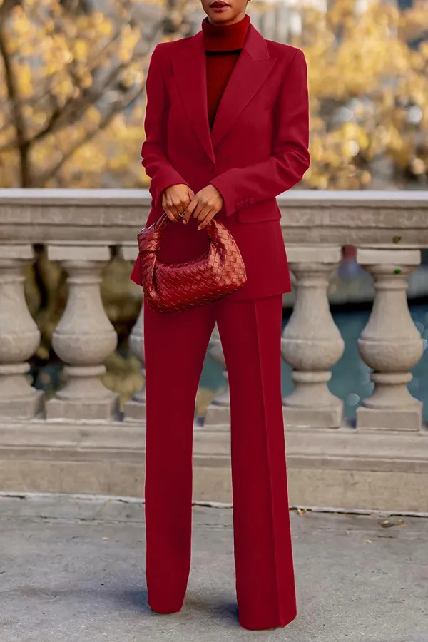 Solid Color Suit Coat Straight leg Pants Two piece Set Wine Red - Shop at LoveMi
