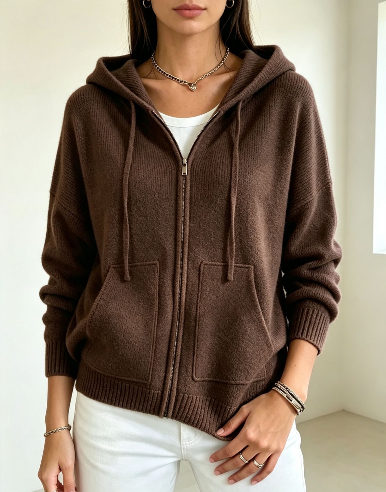 Solid-color Hooded Zip-up Loose-fit Knit Cardigan For Women 4
