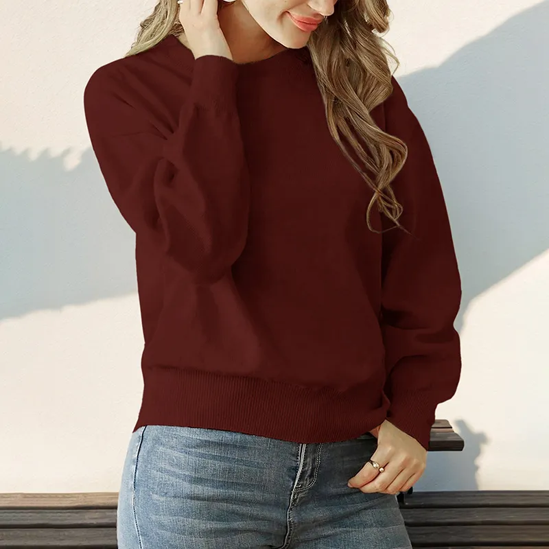 Fashion Casual Round Neck Long Sleeve Women's Sweater - Wine Red