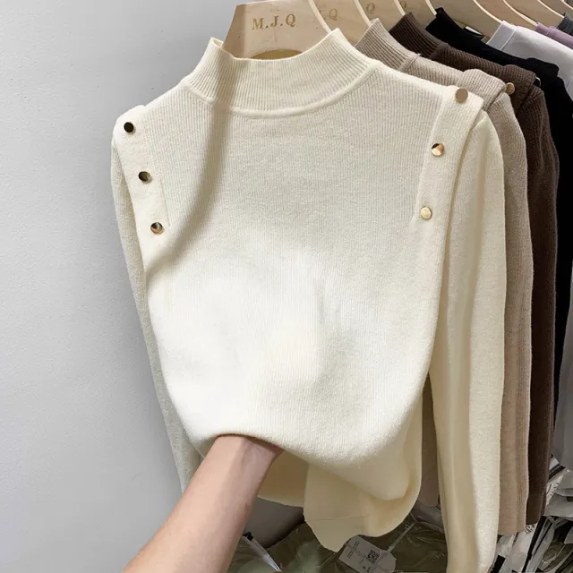 Thickened Half high Collar Sweater Pullover Long Sleeve Knitted Bottoming Shirt Apricot - Shop at LoveMi