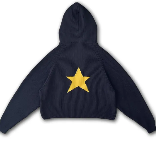 Female Star Sunken Stripe Men's Knitted Long sleeved Hooded Sweater Navy - Shop at LoveMi