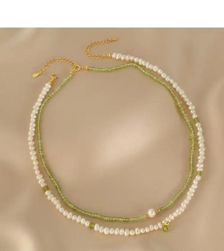 Natural Olivine Freshwater Pearl Necklace Women's Natural Stone Pearl Twin Double-layer