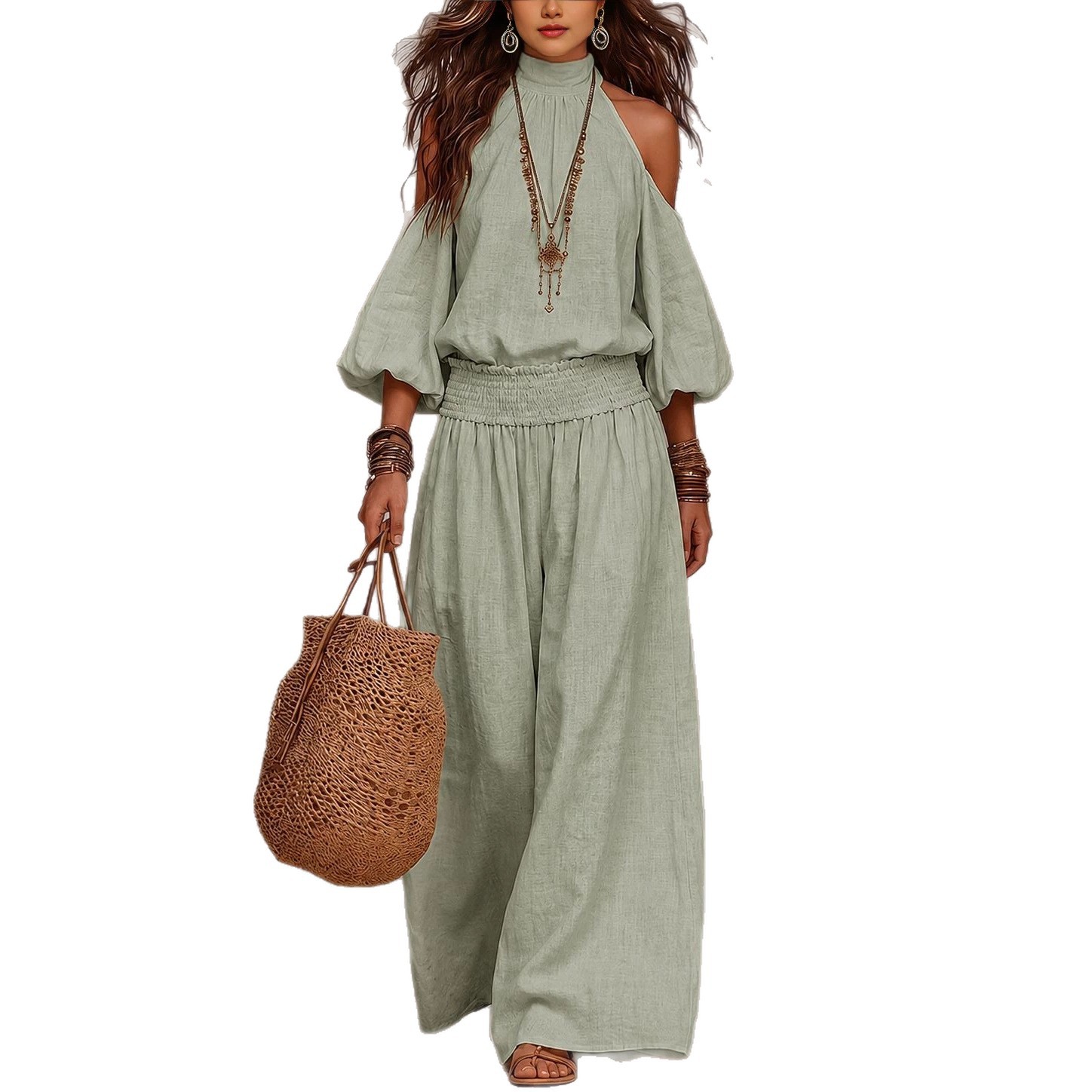 Womens Fashionable Casual Round-Neck Loose-Fit Long-Sleeve Hollow-Out Top And Pleated Pants Set 8