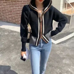 Short Loose Outer Wear Double Zipper Sweater Coat For Women - Black - View 1