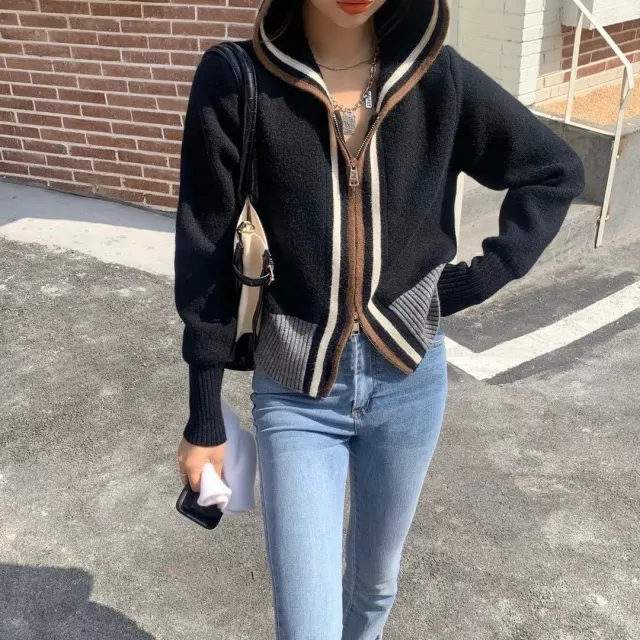 Short Loose Outer Wear Double Zipper Sweater Coat For Women Black - Shop at LoveMi