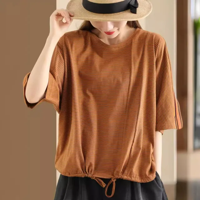 Women's Retro Striped Cotton Short sleeved Drawstring Pullover Orange - Shop at LoveMi