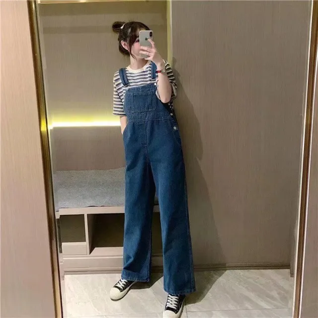 Loose Wide Leg Denim Suspender Pants Slim Fit Slip Plus Size Jumpsuit Blue - Shop at LoveMi