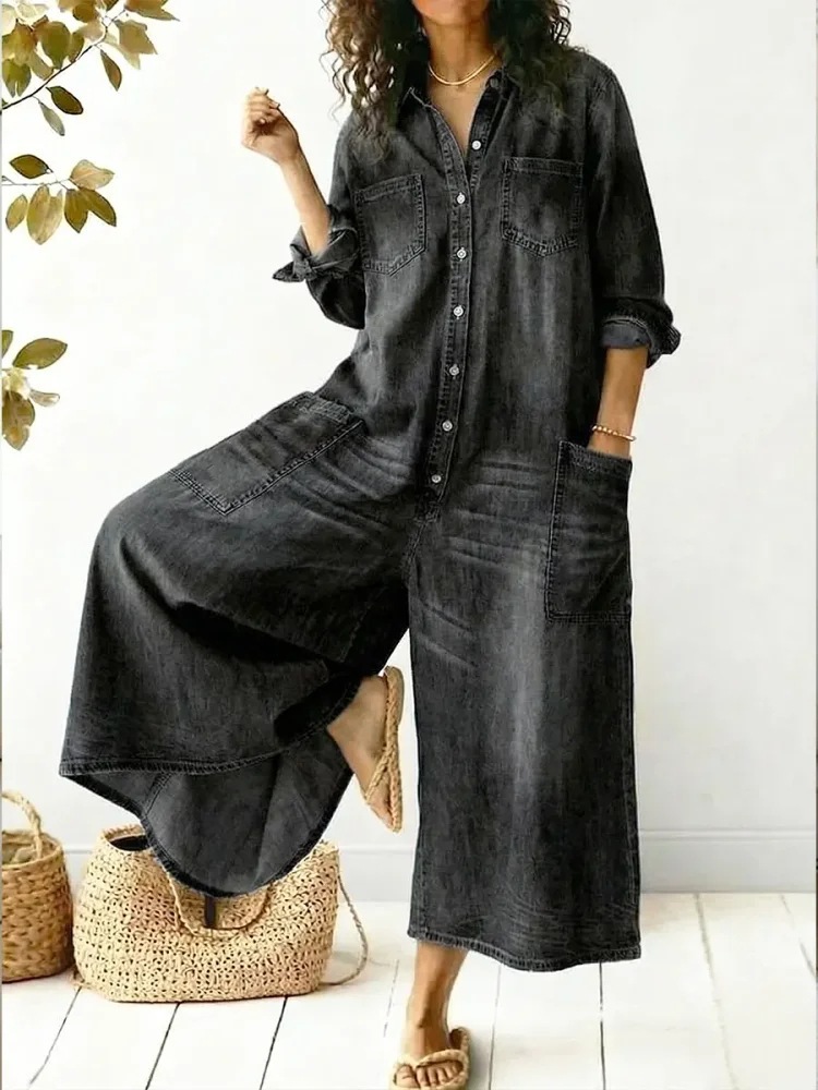 Womens Stylish Sexy Single-breasted Blouse-style Loose Jumpsuit