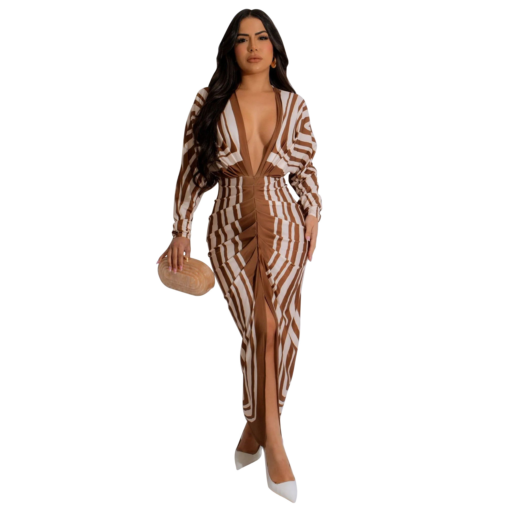 Hot Sexy V neck Long sleeved Slit Dress Brown - Shop at LoveMi