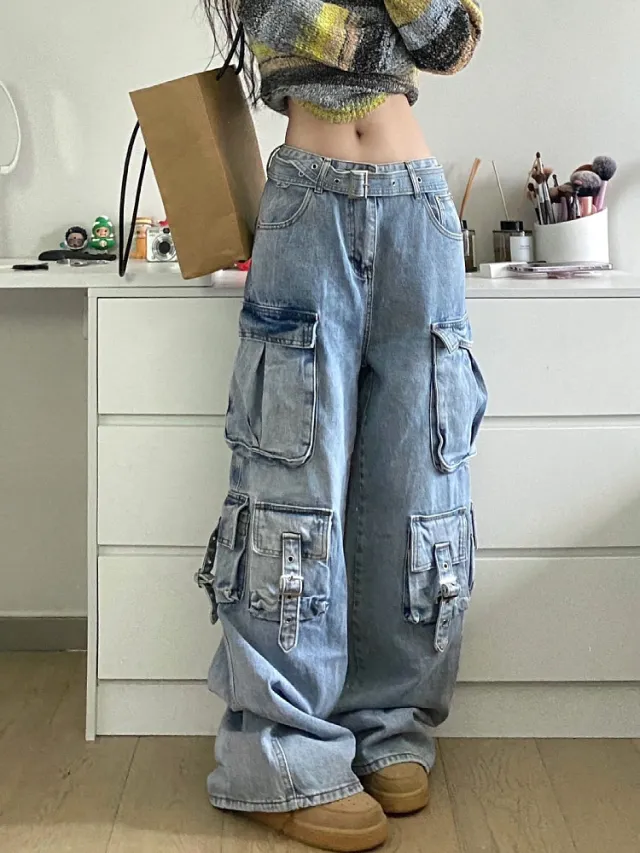 American Street Workwear Wide Leg Jeans Design Multi pocket Blue - Shop at LoveMi