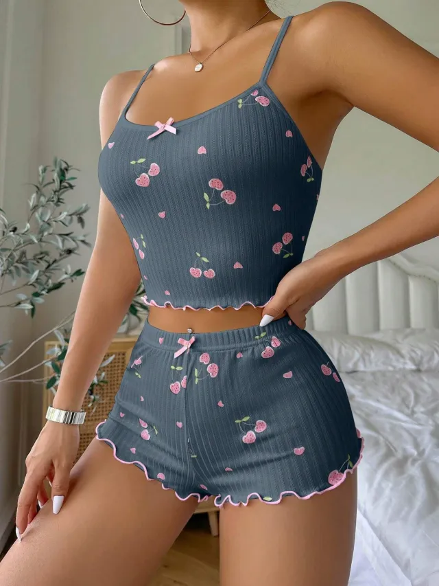 Summer Suspender Elastic Shorts Pajamas Women's Suit Navy Blue - Shop at LoveMi