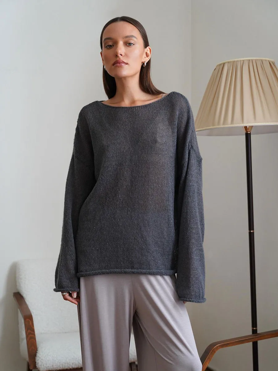 Hollow Sweater Thin Scoop Bell Sleeve Women - Dark Gray