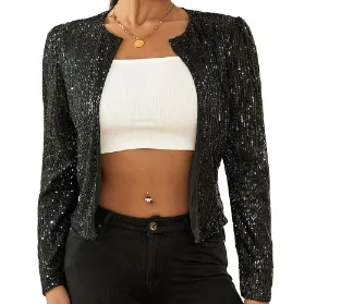 Color Block Sequin Cropped Jacket Black - Shop at LoveMi