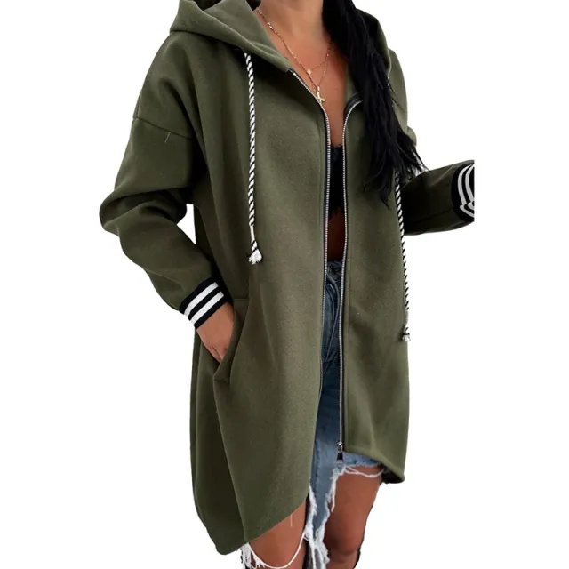Women's Solid Color Loose Versatile Zip up Hooded Jacket Green - Shop at LoveMi