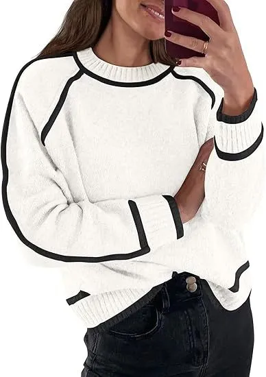 Women's Sweater Round Neck Multicolor Pullover Knitting White - Shop at LoveMi