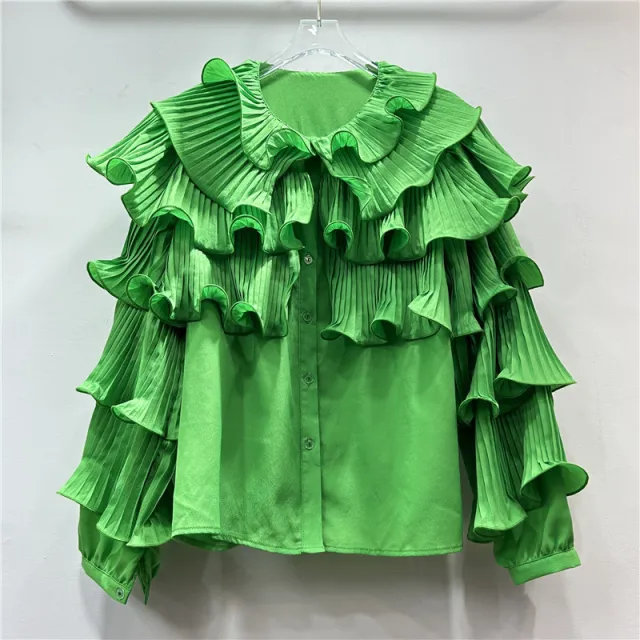 Korean Style Light Luxury Socialite Bubble Sleeve Ruffled Loose Chic Design Adult Lady Like Woman Temperament Top Green - Shop at LoveMi