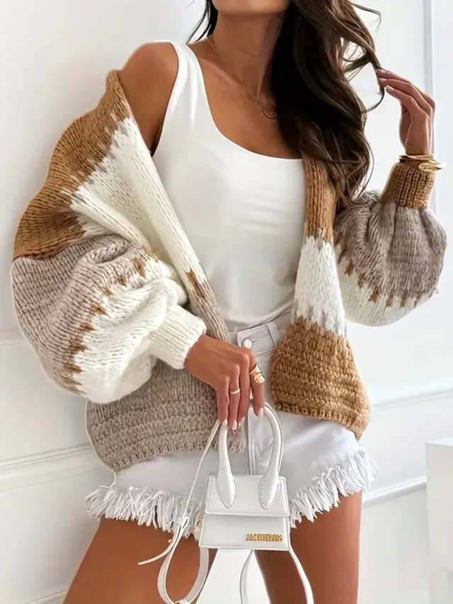 Contrast Color Patchwork Knitting Cardigan Khaki - Shop at LoveMi