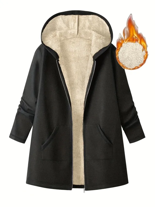 Women's Solid Color Fleece Lined Mid Length Hooded Coat Black - Shop at LoveMi