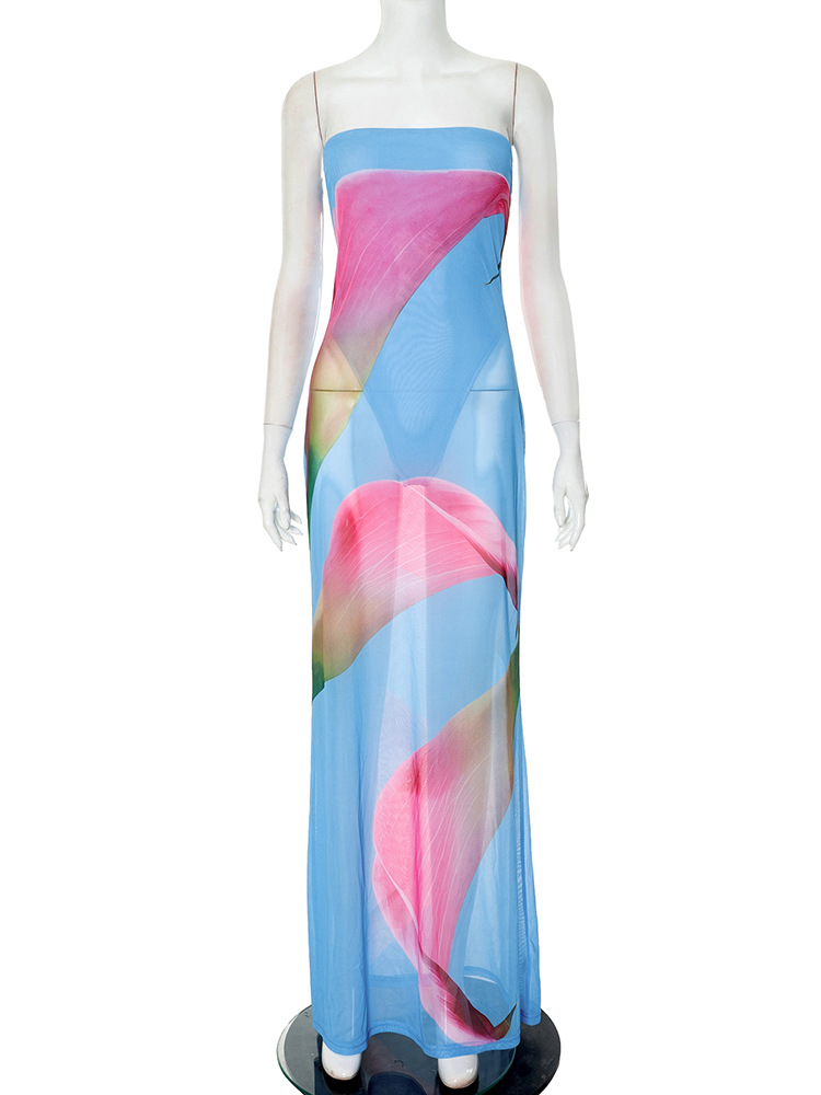 European And American Flower Chiffon Tube Top Long Dress