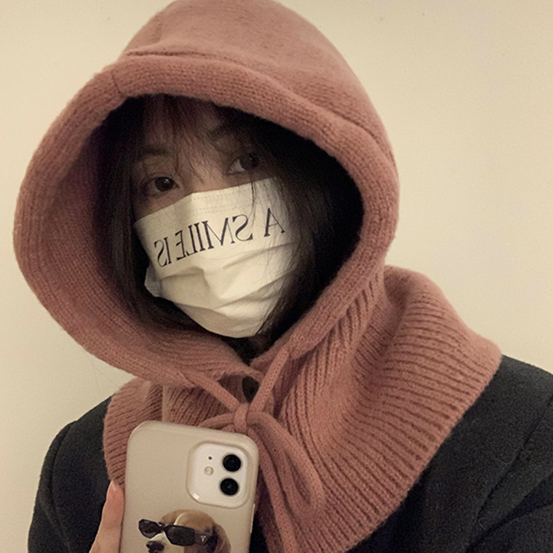 Women's Warm Scarf Integrated Earflaps Woolen Knitted Hat