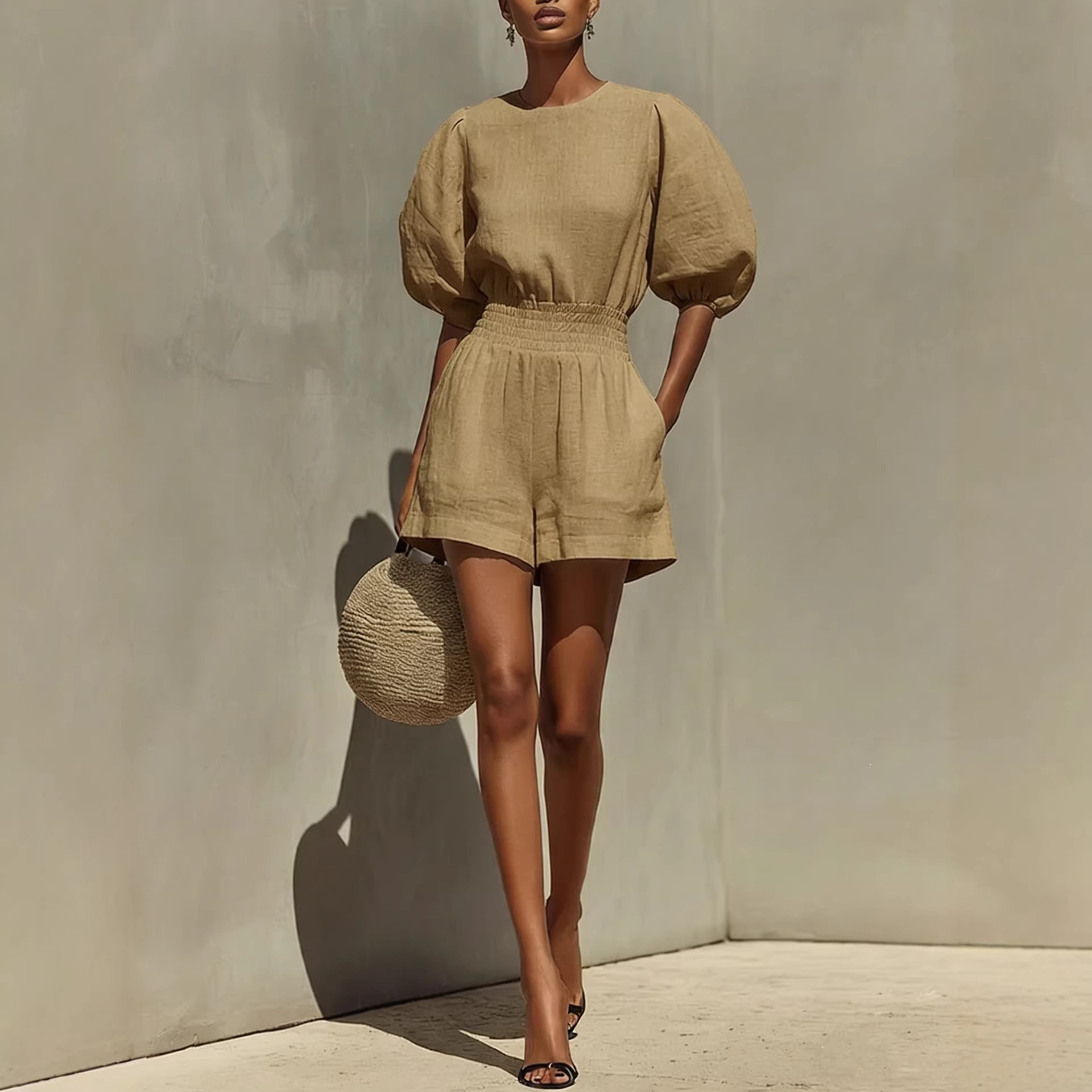 Women's Puff-Sleeve Top and Cropped Shorts Set – Front View